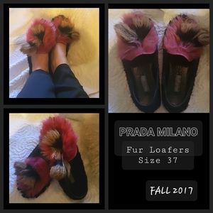 PRADA CHEVRE MONT Goat Hair EMBELLISHED BLACK AND STRAWBERRY-PINK LOAFERS SIZE 6